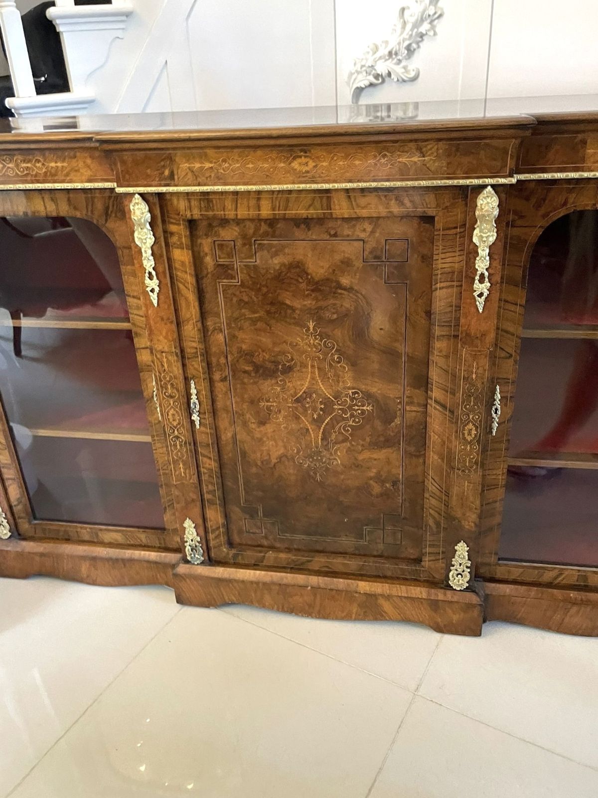 photo for sale Fine Quality 19th Century Antique Burr Walnut Inlaid Credenza
