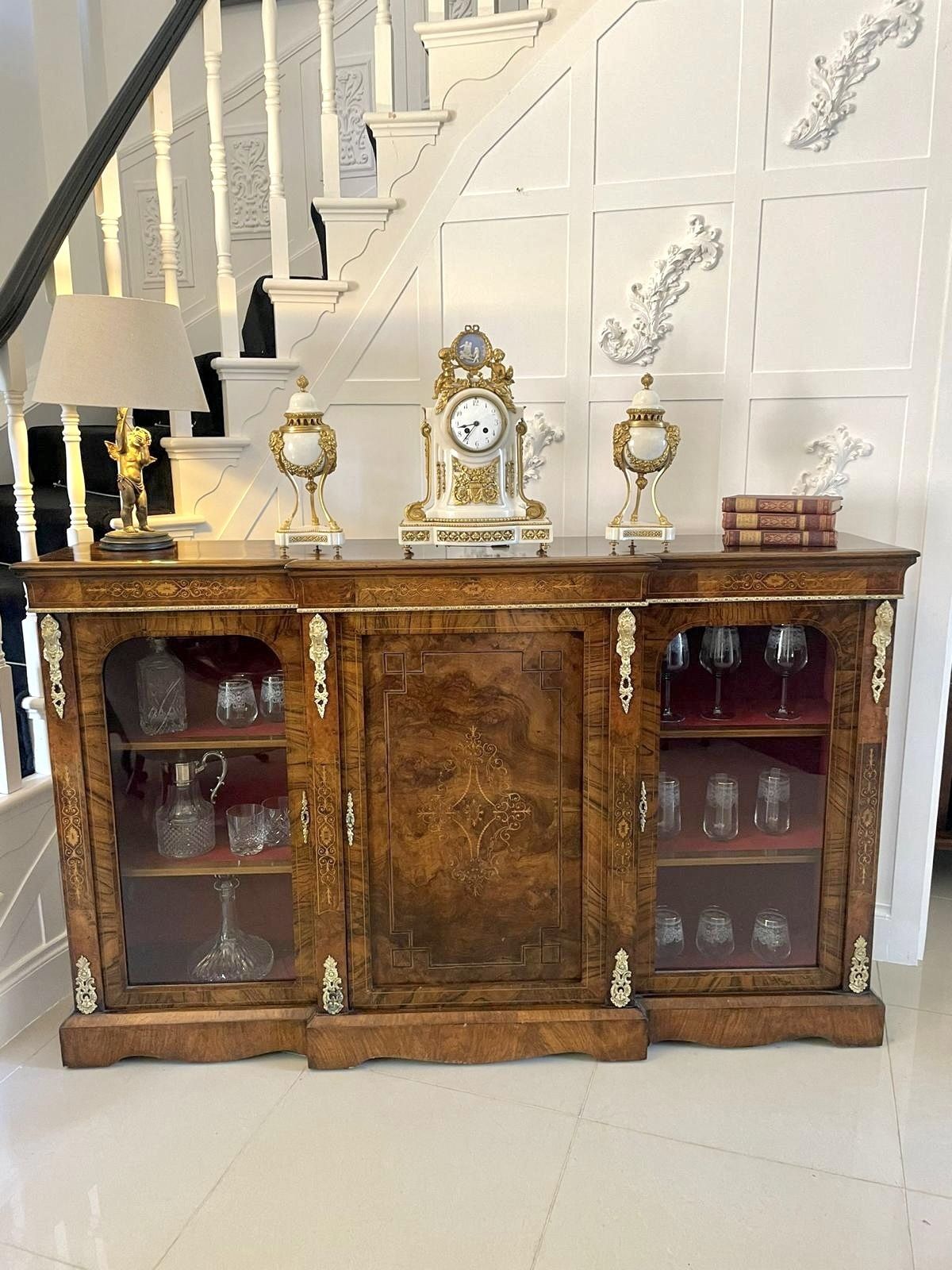Furniture Fine Quality 19th Century Antique Burr Walnut Inlaid Credenza photo