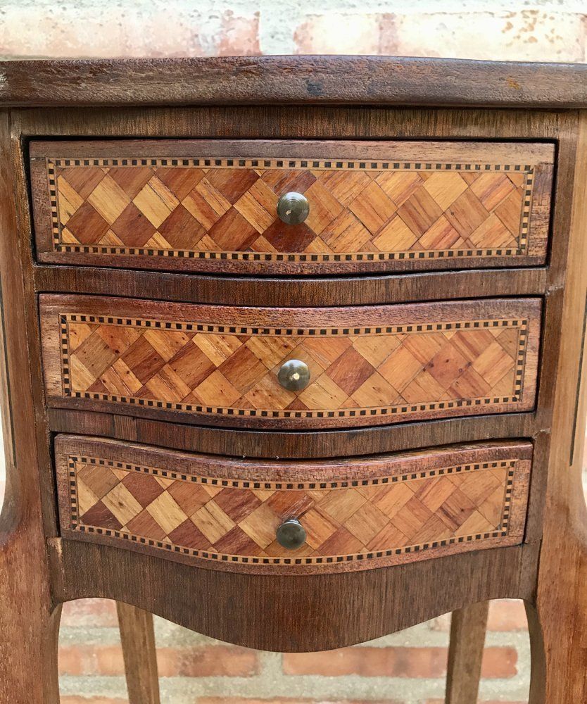 Louis XV Inlaid Walnut 3 Drawer Side Tables Or Nightstands With Marquetry, Set Of 2 photo 3972.0