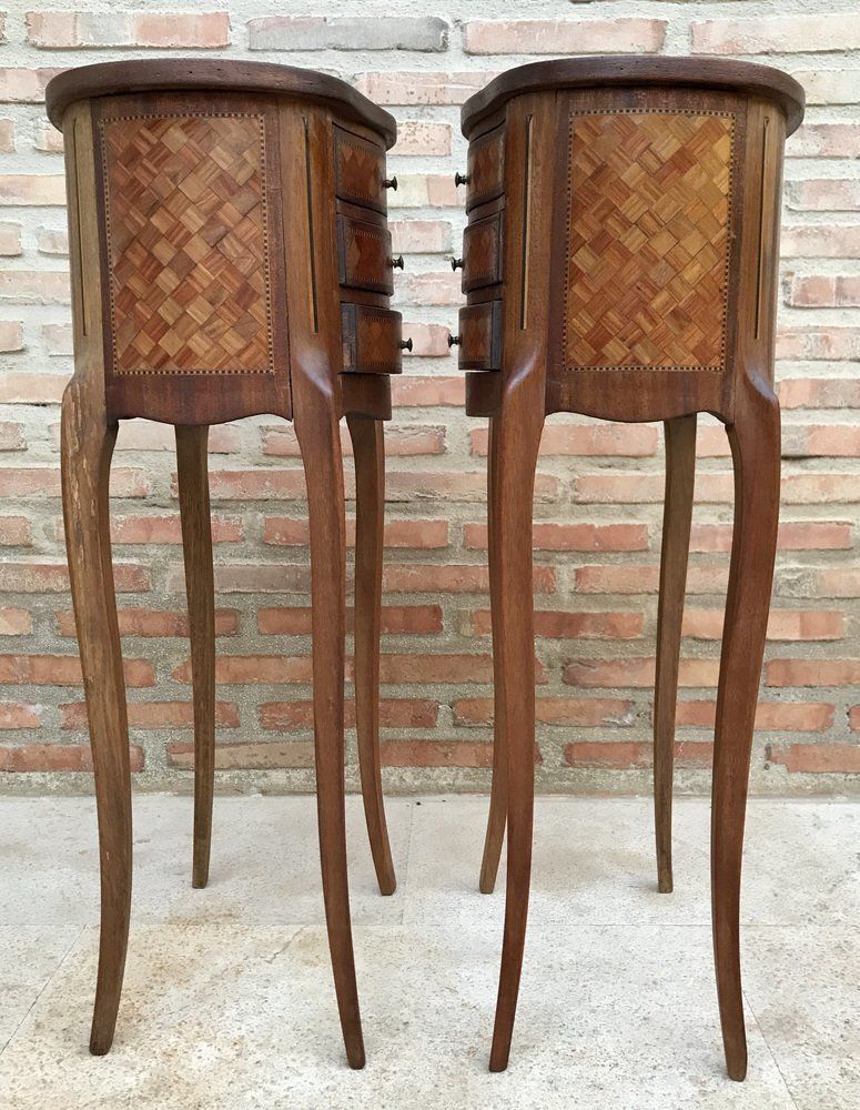 photo furniture Louis XV Inlaid Walnut 3 Drawer Side Tables Or Nightstands With Marquetry, Set Of 2