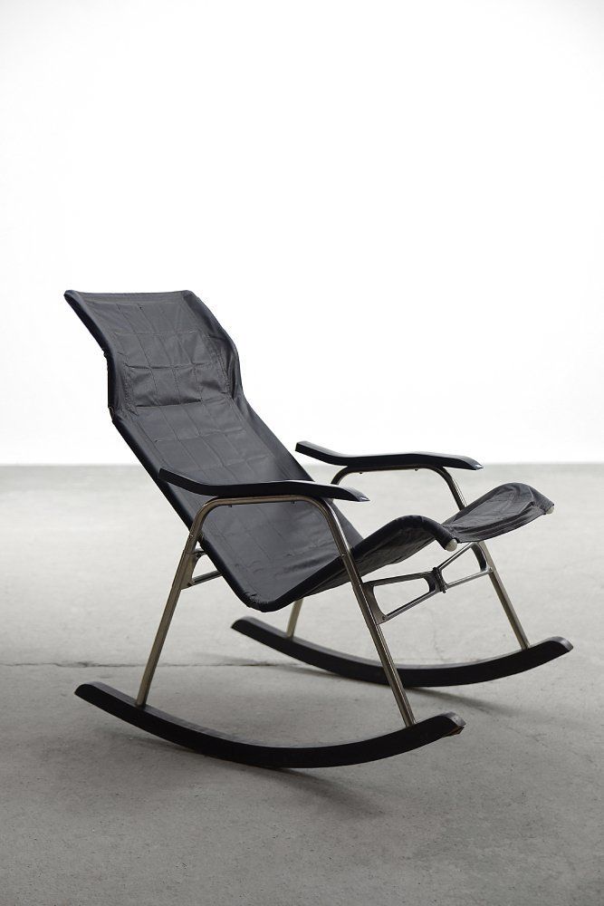 Postmodern Black Leather Rocking Chair By Takeshi Nii, 1950s