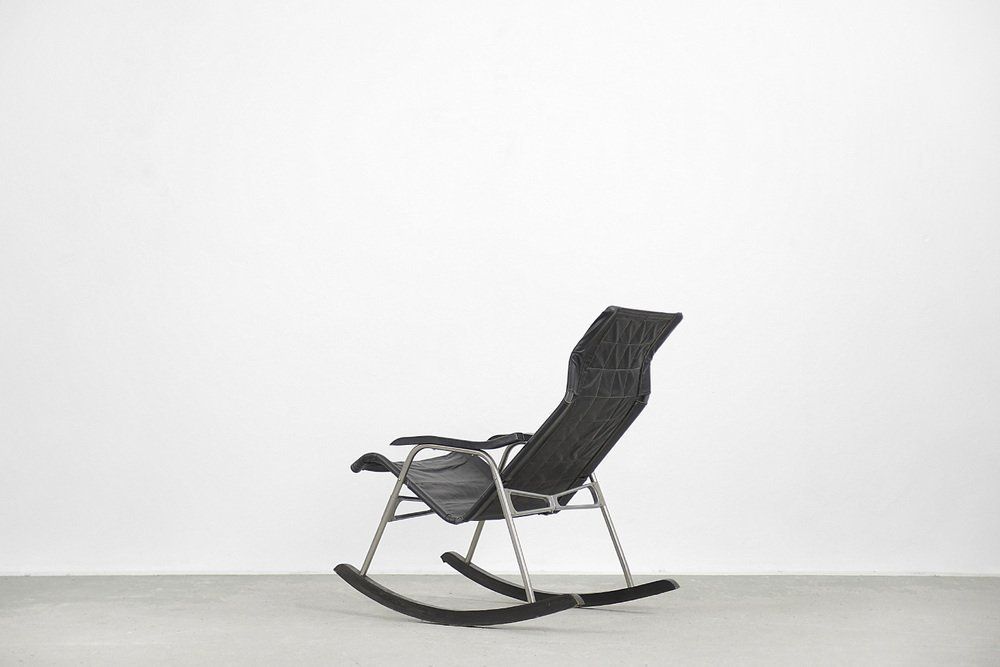 Furniture Postmodern Black Leather Rocking Chair By Takeshi Nii, 1950s photo