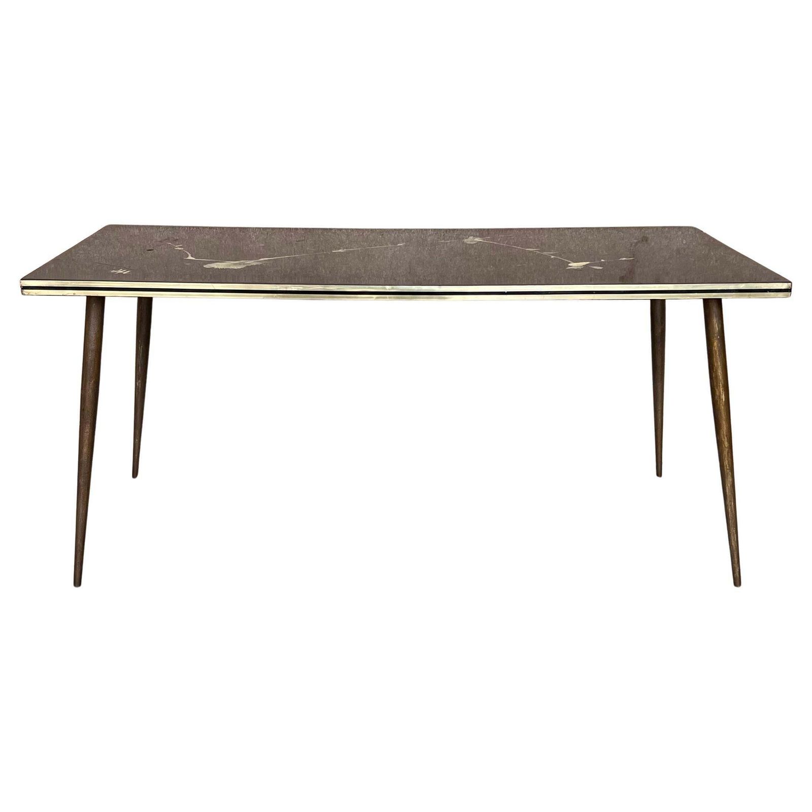 Table basse italienne Mid-Century Modern noire et dorée, plateau à peinture abstraite