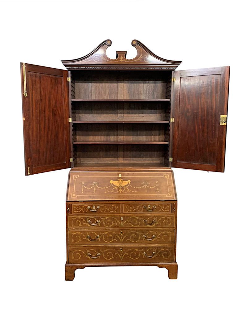 A Very Rare And Fine Early 19th Century Georgian Inlaid Bureau Bookcase photo Furniture