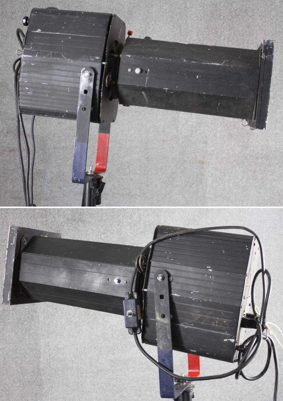 Late 20th Century Theatre Follow Spot Lights Lamp On Adjustable Heavyweight Tripod Base Two In Stock, Price Per Lamp Ol photo furniture