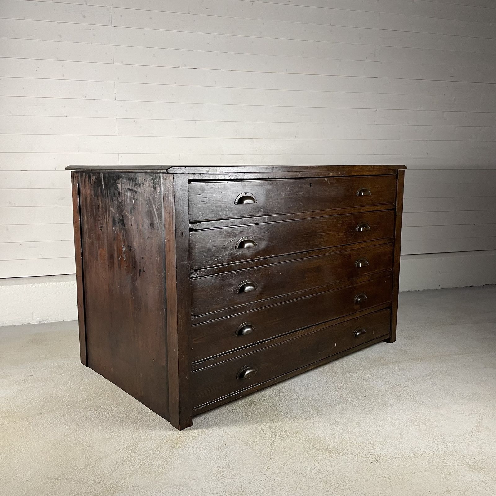 Antique Stained Pine 5 Drawer Plan Chest photo vintage