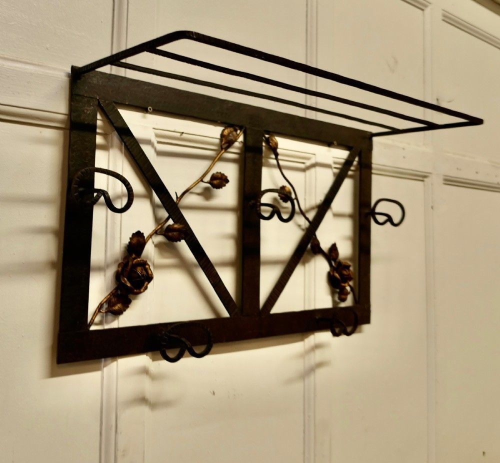 French Art Deco Iron Hat And Coat Rack With Shelf Decorated With Roses photo for sale