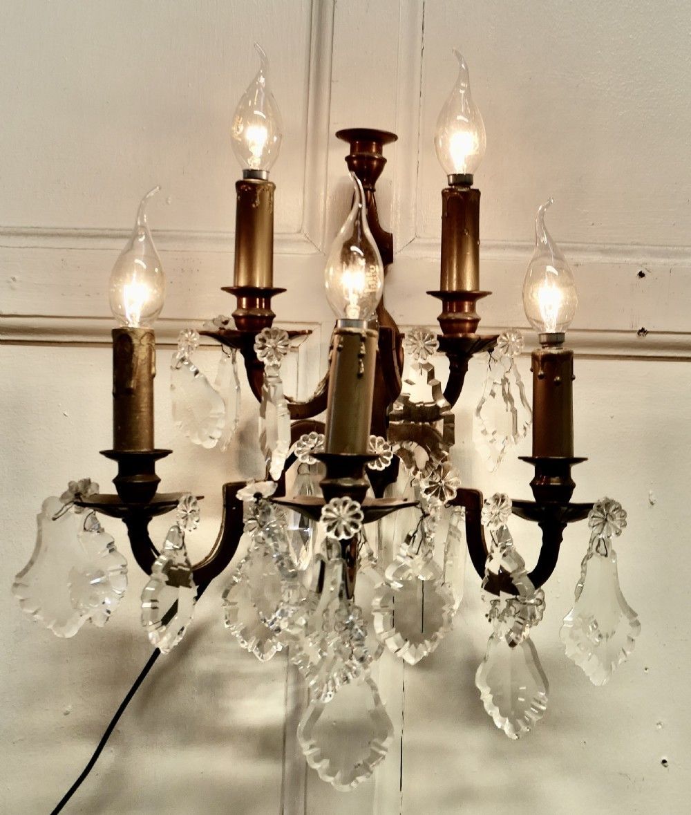A Pair Of French Brass 5 Branch Wall Light, Chandeliers photo for sale