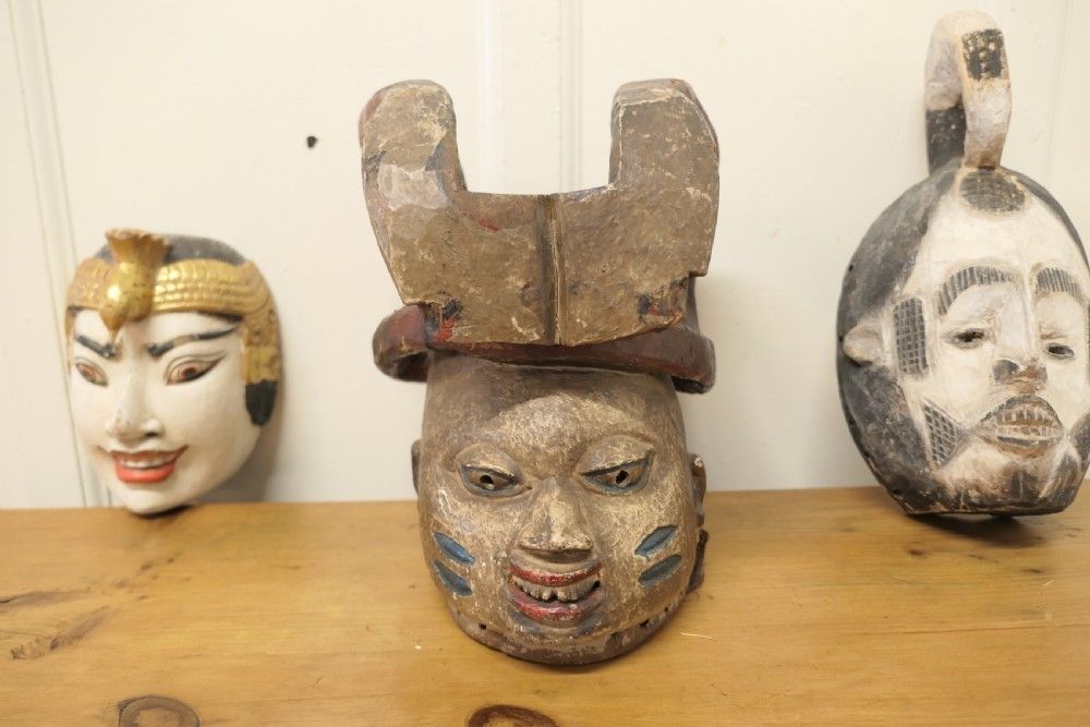 3 Carved Wooden Ceremonial Masks From Nigeria, Africa And Indonesia photo for sale