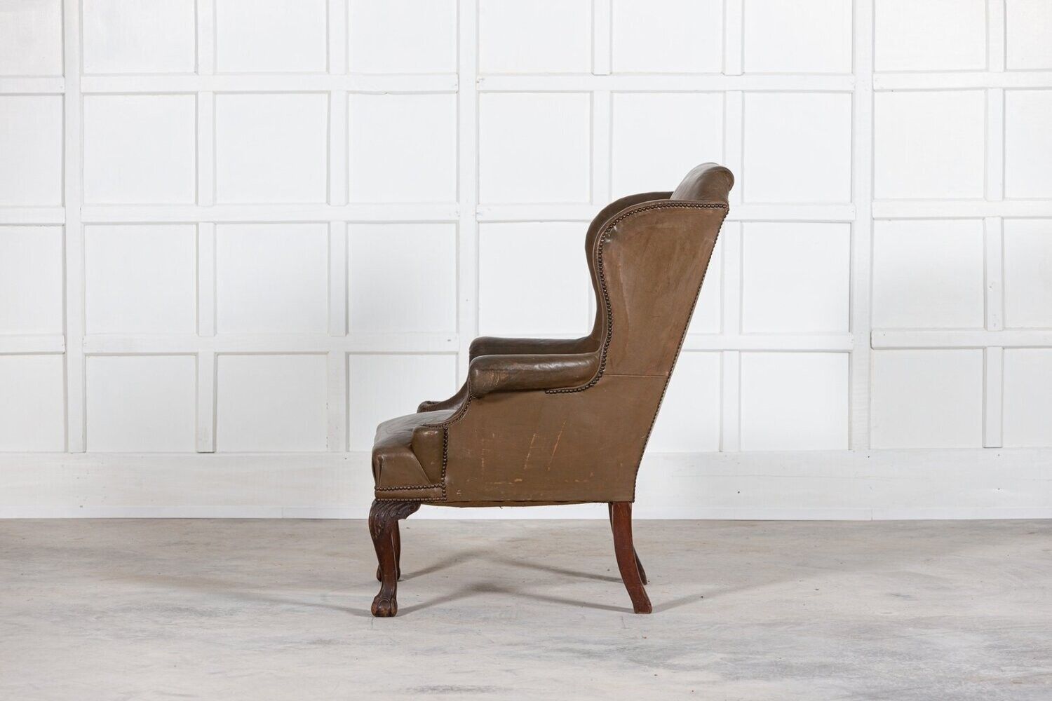 Large 19thc English Olive Leather & Mahogany Wingback Armchair photo Furniture