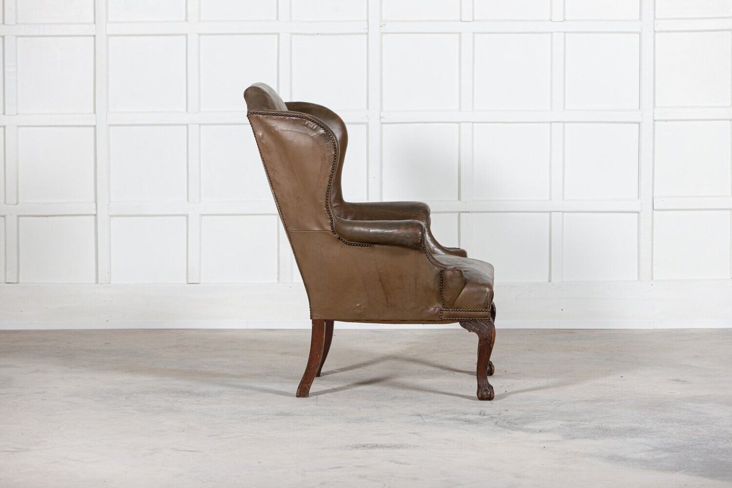 Large 19thc English Olive Leather & Mahogany Wingback Armchair photo vinterior