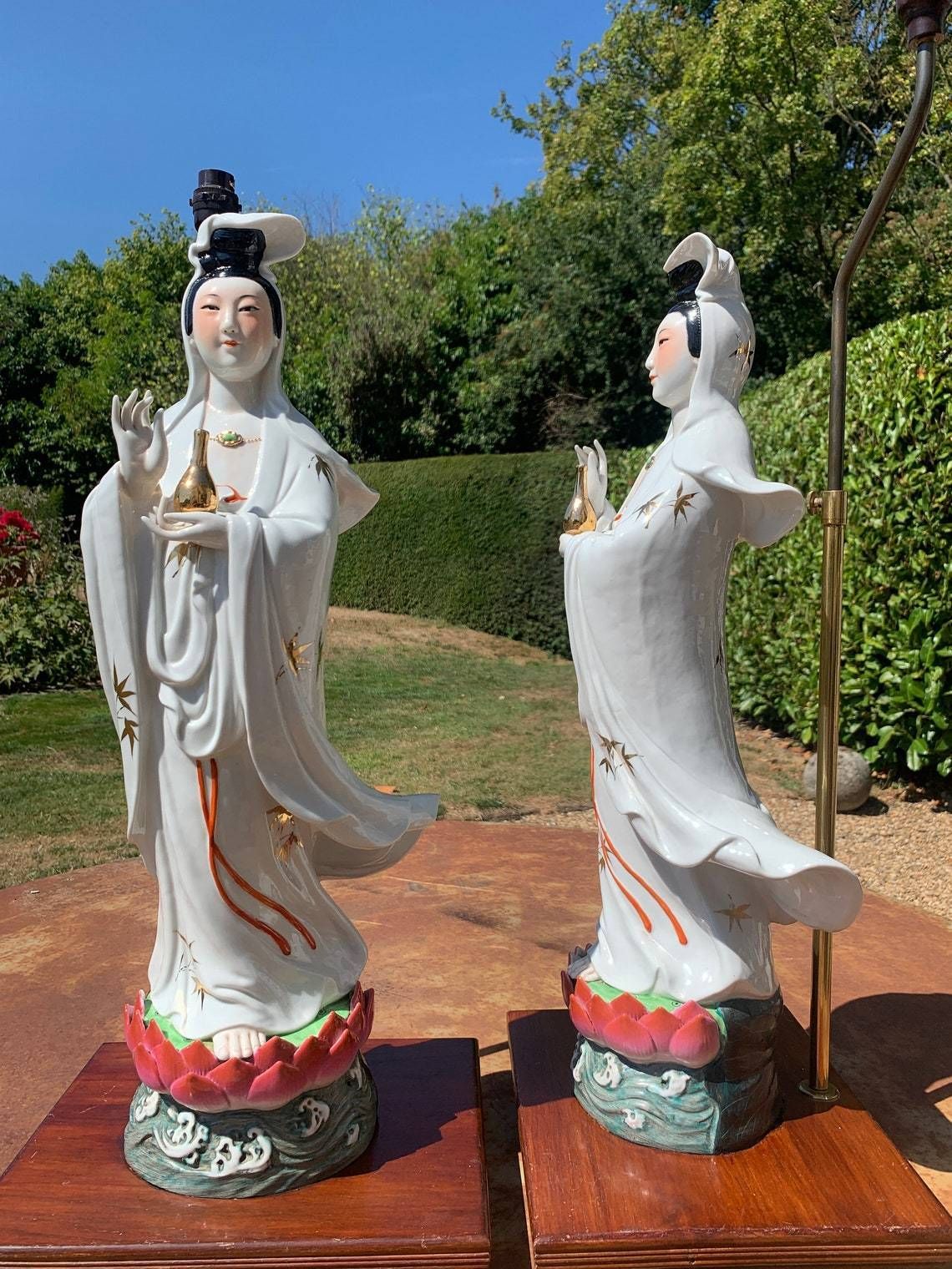 Hollywood Regency Chinese Guan Yin Porcelain Lamps photo furniture