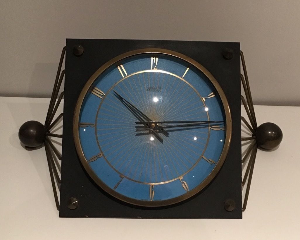 photo for sale Clock In Lacquered Metal, Glass And Brass. Around 1950