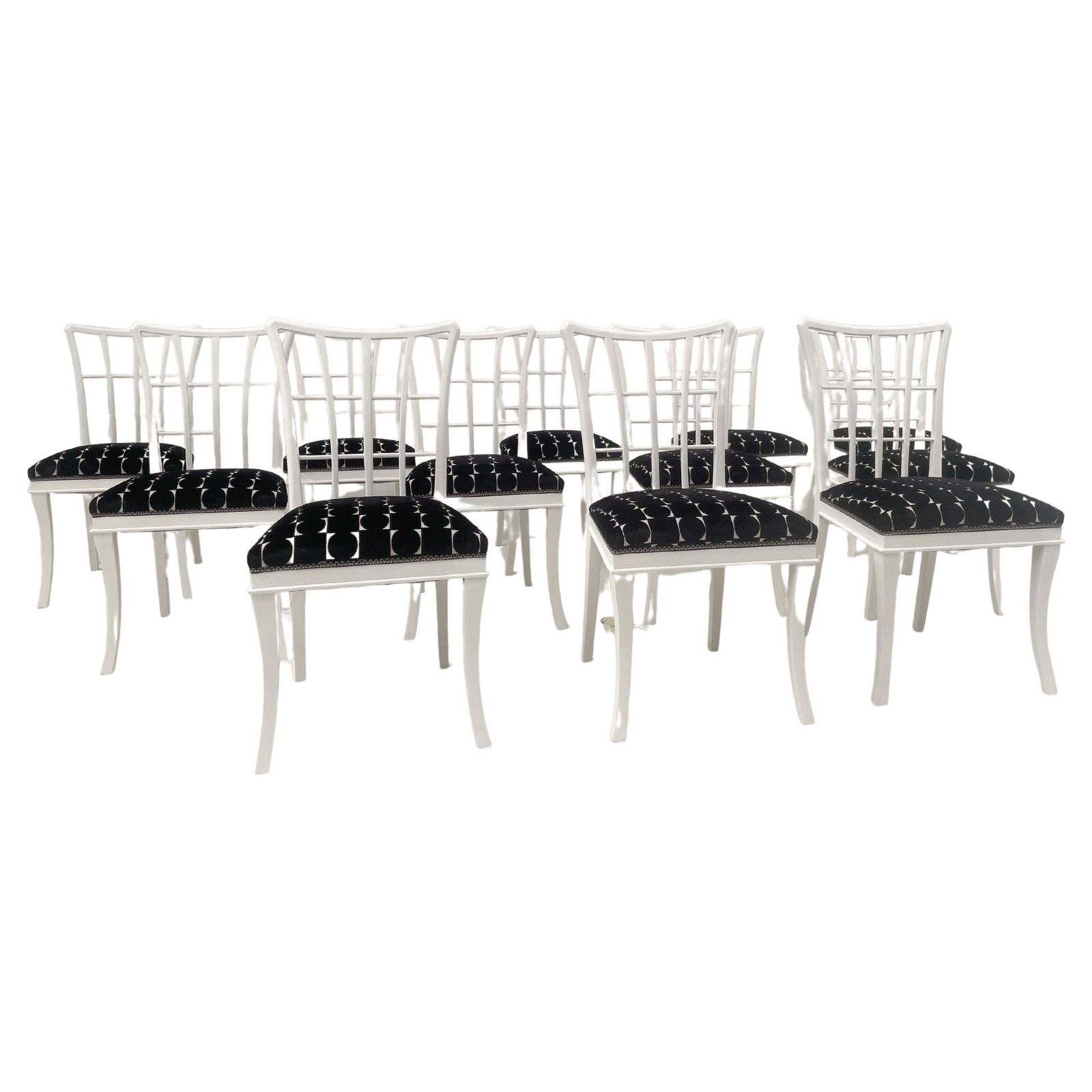 Set Of 12 Art Deco Style Chairs, White Wood And Fabric