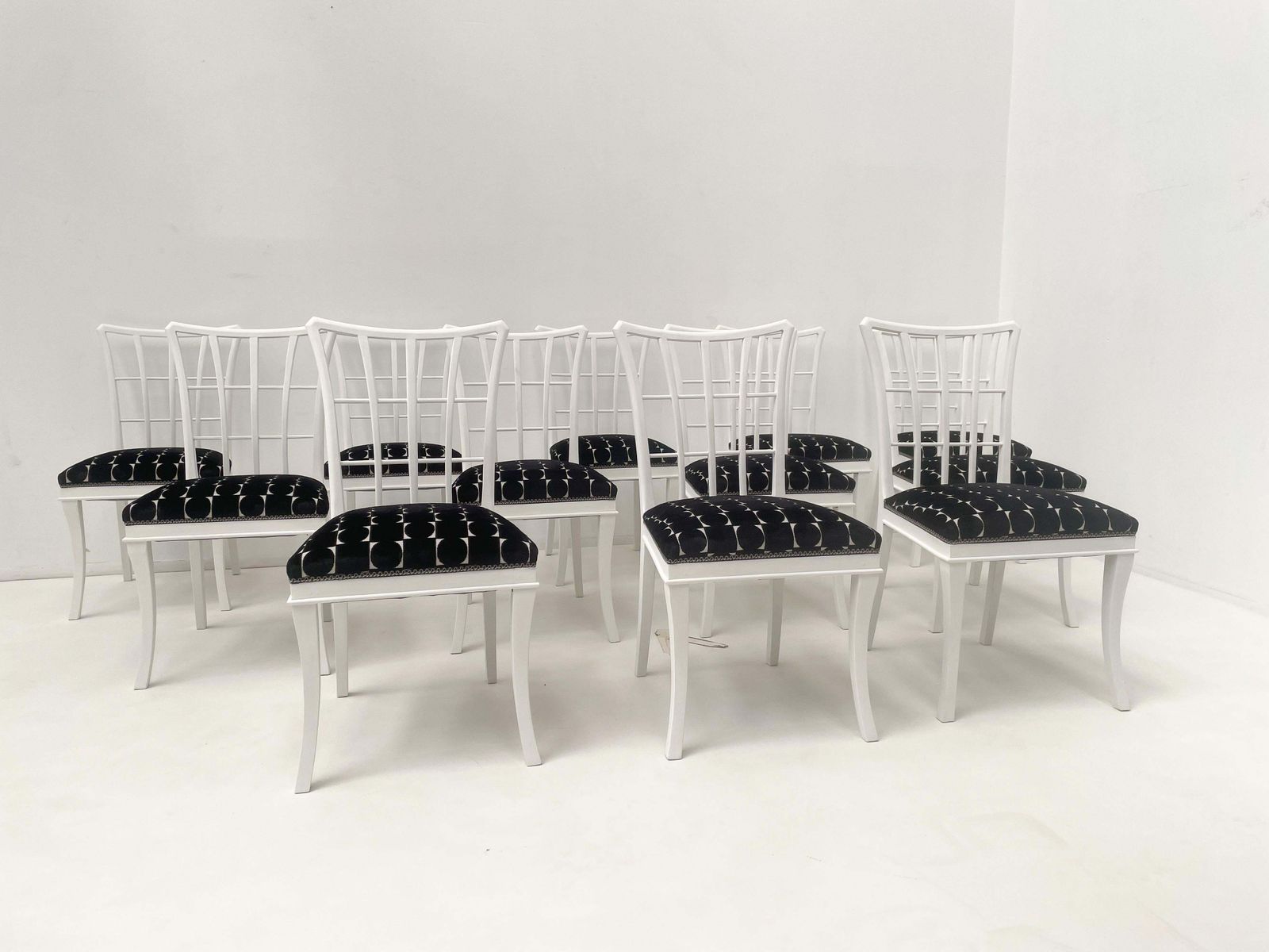 Set Of 12 Art Deco Style Chairs, White Wood And Fabric photo for sale