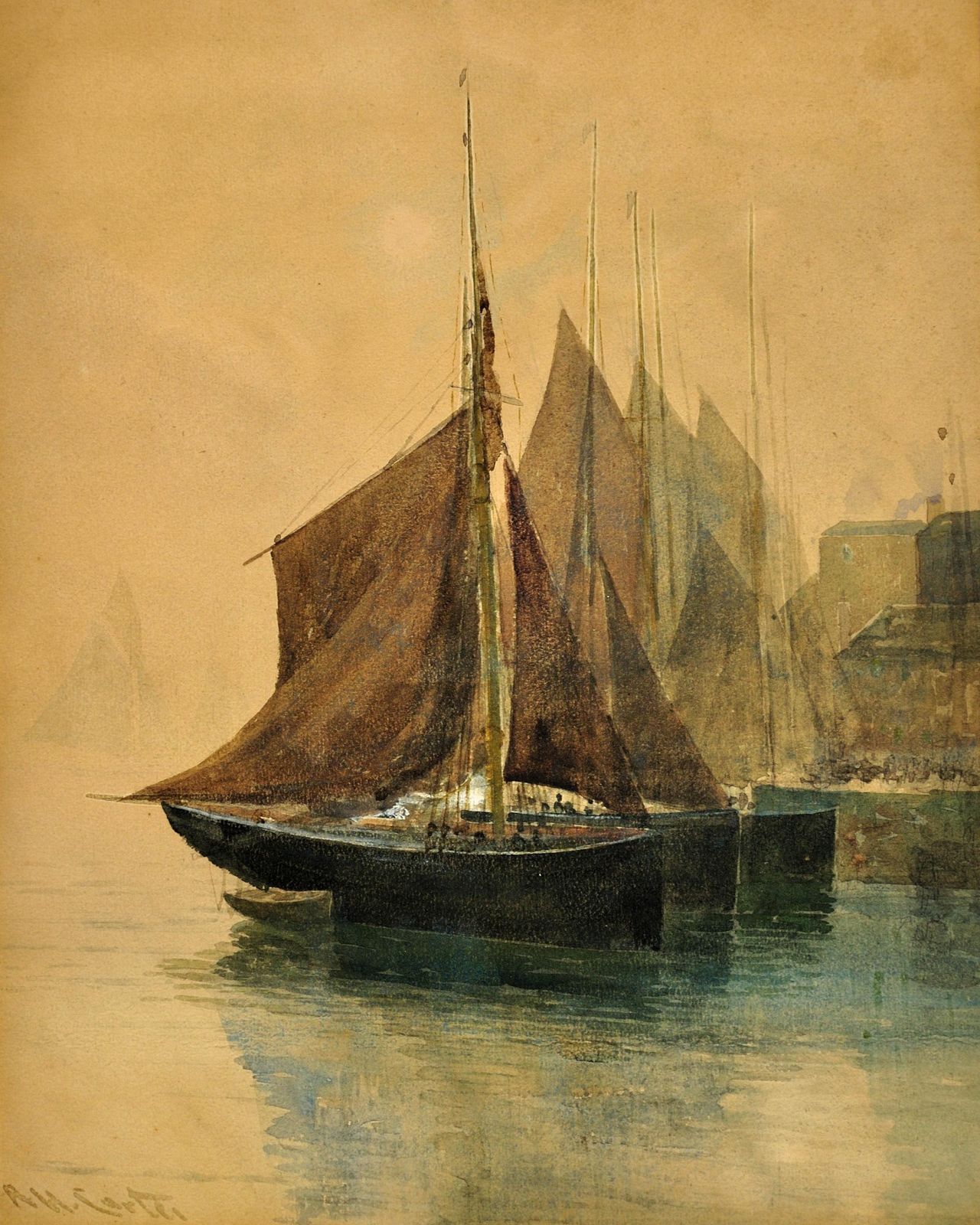 Richard Harry Carter 1839 To 1911. English. West Country Trawling Luggers, Circa 1904. Framed Watercolour Painting. Devon & Cornwall Fishing. photo furniture
