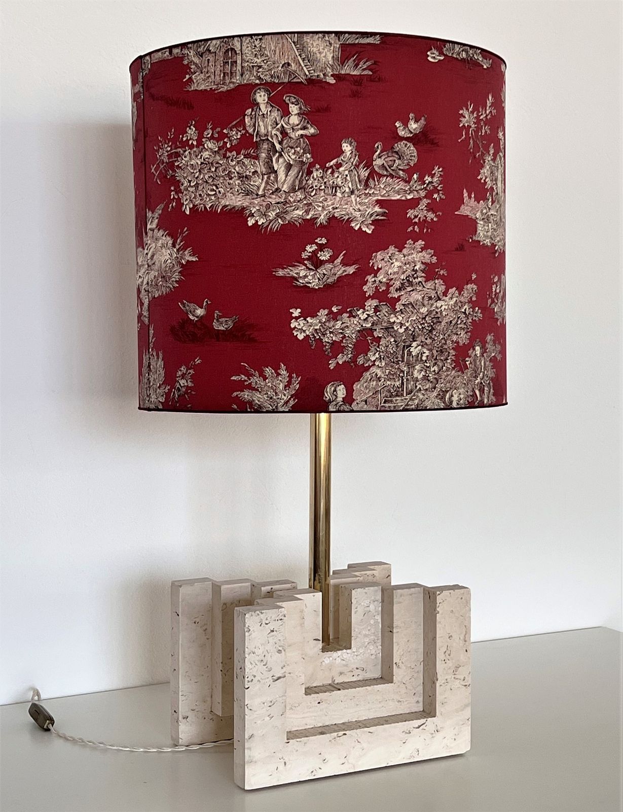 Italian Mid Century Large Travertine Marble Table Lamp With New Lampshade, 1970s photo vinterior