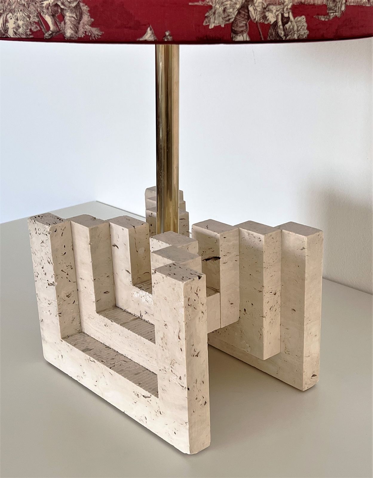 Italian Mid Century Large Travertine Marble Table Lamp With New Lampshade, 1970s photo buy