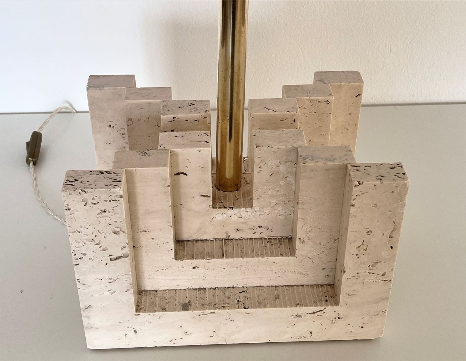 photo for sale Italian Mid Century Large Travertine Marble Table Lamp With New Lampshade, 1970s