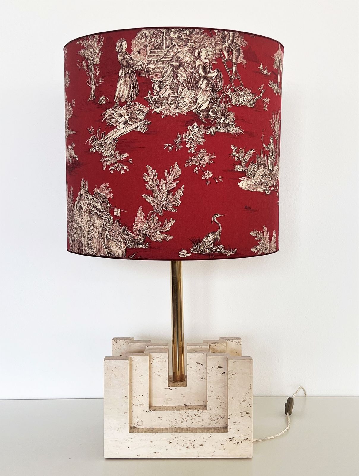 1922.0 Italian Mid Century Large Travertine Marble Table Lamp With New Lampshade, 1970s photo