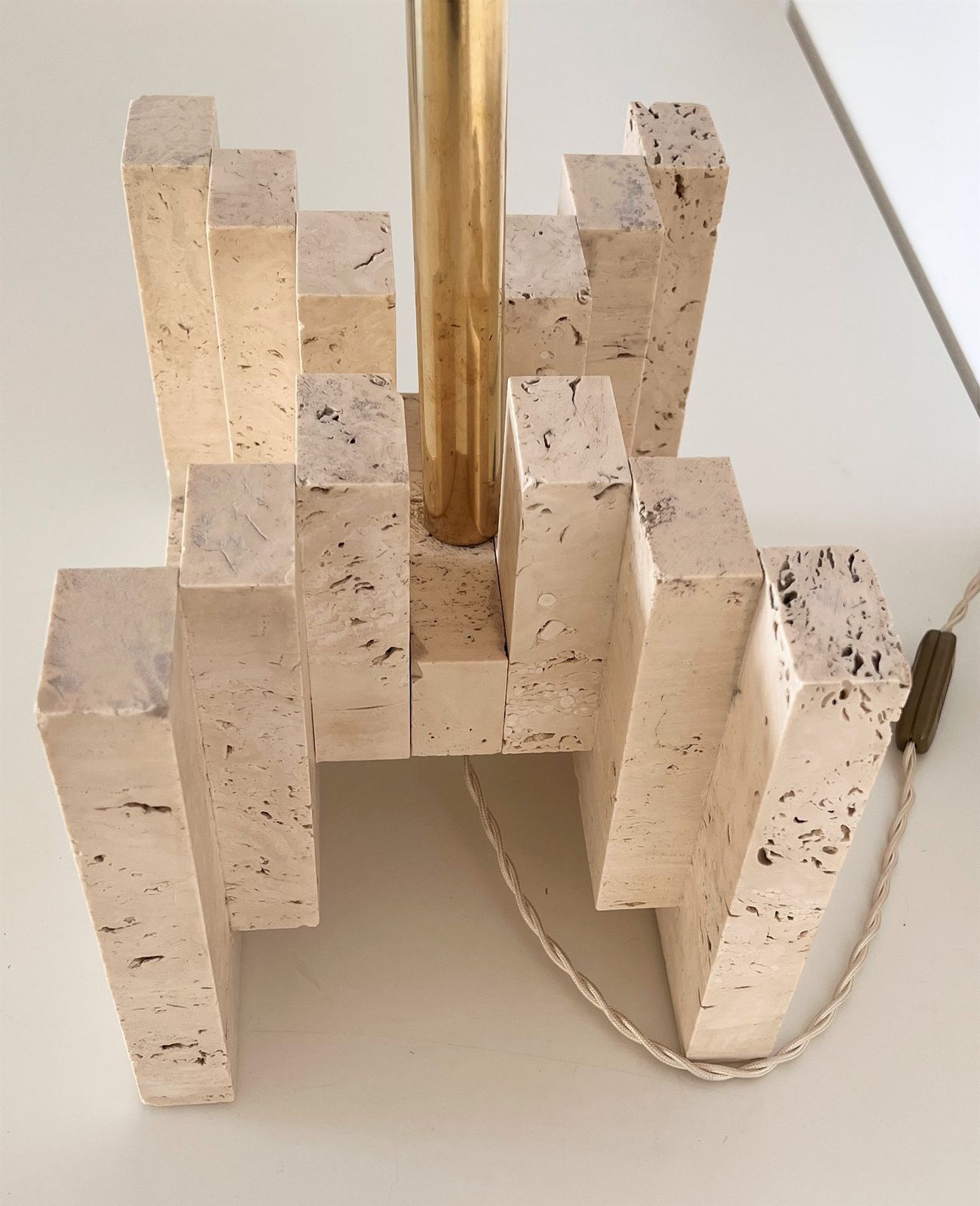 photo vinterior Italian Mid Century Large Travertine Marble Table Lamp With New Lampshade, 1970s