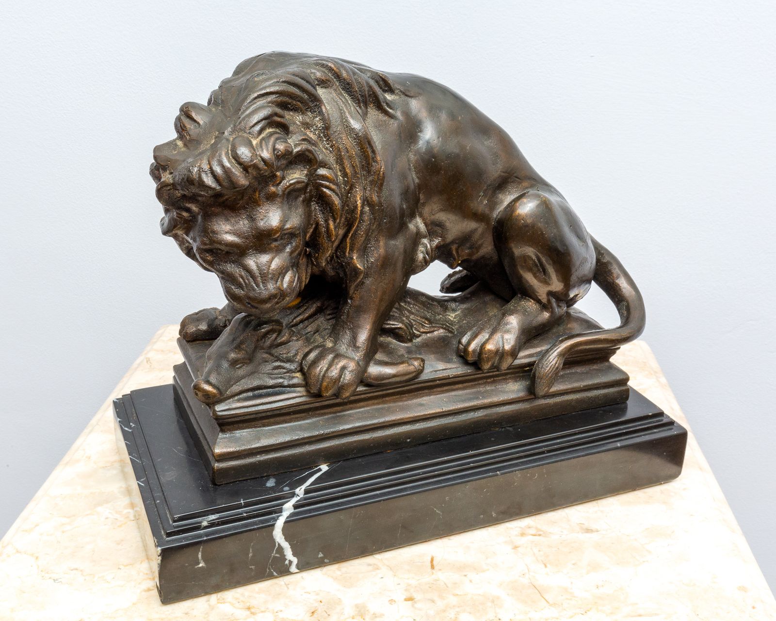 photo for sale Barye School Antique Romantic Lion & Boar Statue On Marble Base Cast Iron Bronze