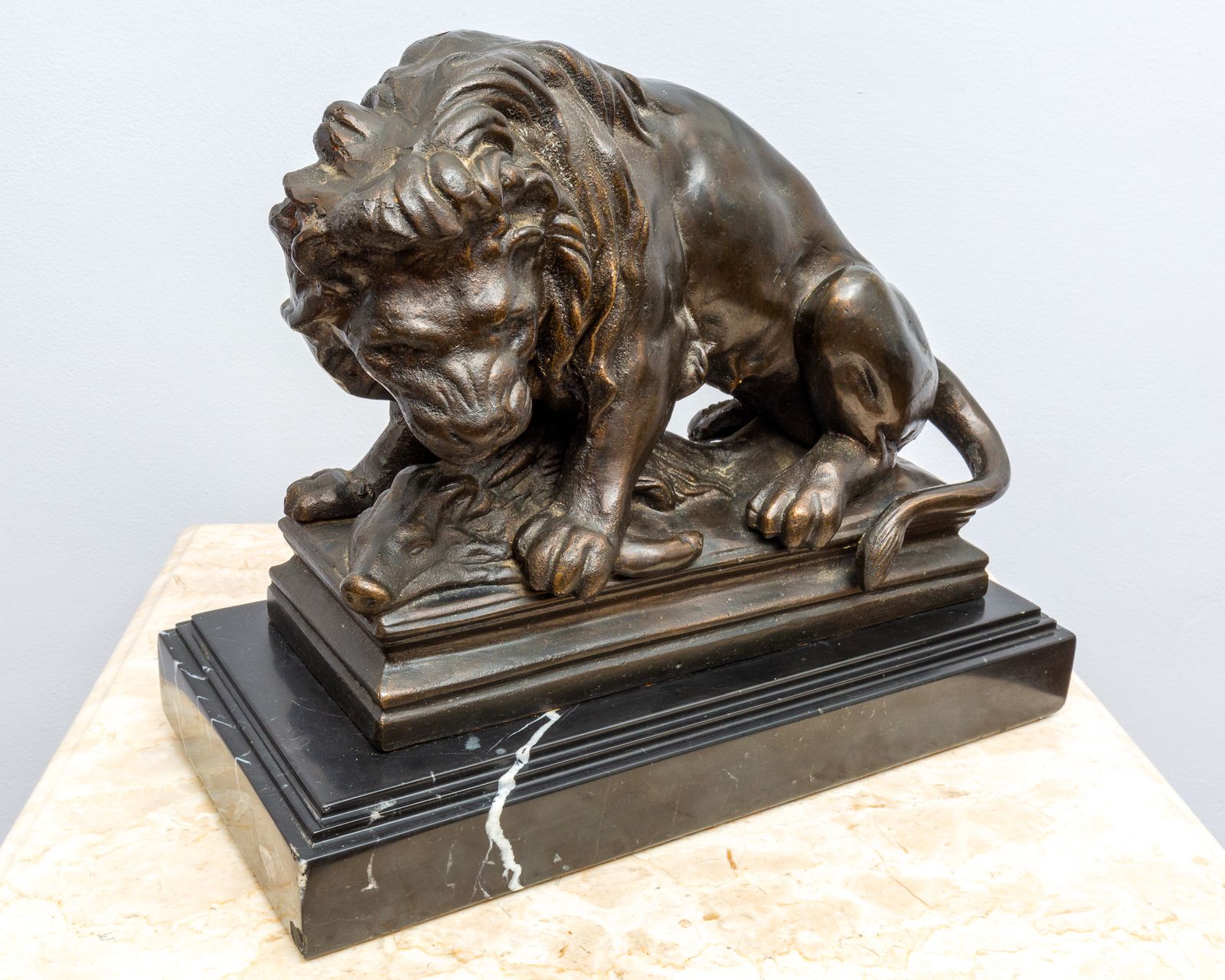 Art Barye School Antique Romantic Lion & Boar Statue On Marble Base Cast Iron Bronze photo