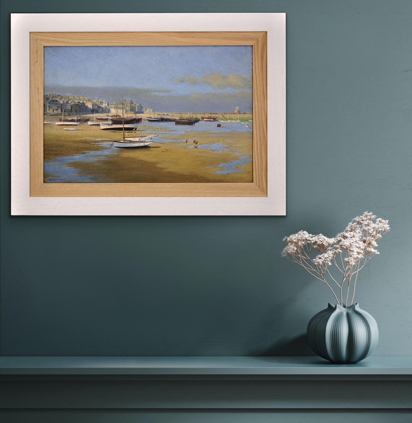 photo vintage Edward Matthew Elliott 1869 To 1955. St Ives Harbour At Low Tide. Edwardian Cornwall. Circa 1900s. Framed Cornish Oil Painting.