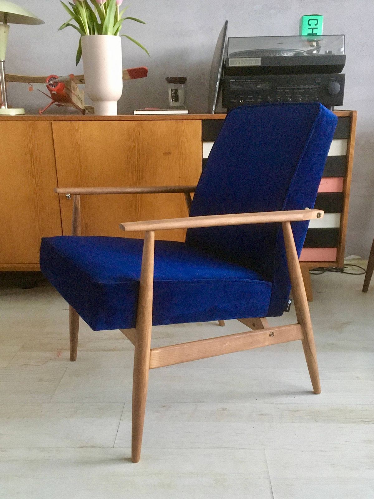 Original Vintage Polish Armchair 300 190 From Mid Century In Navy Blue Velvet Personalization! photo for sale