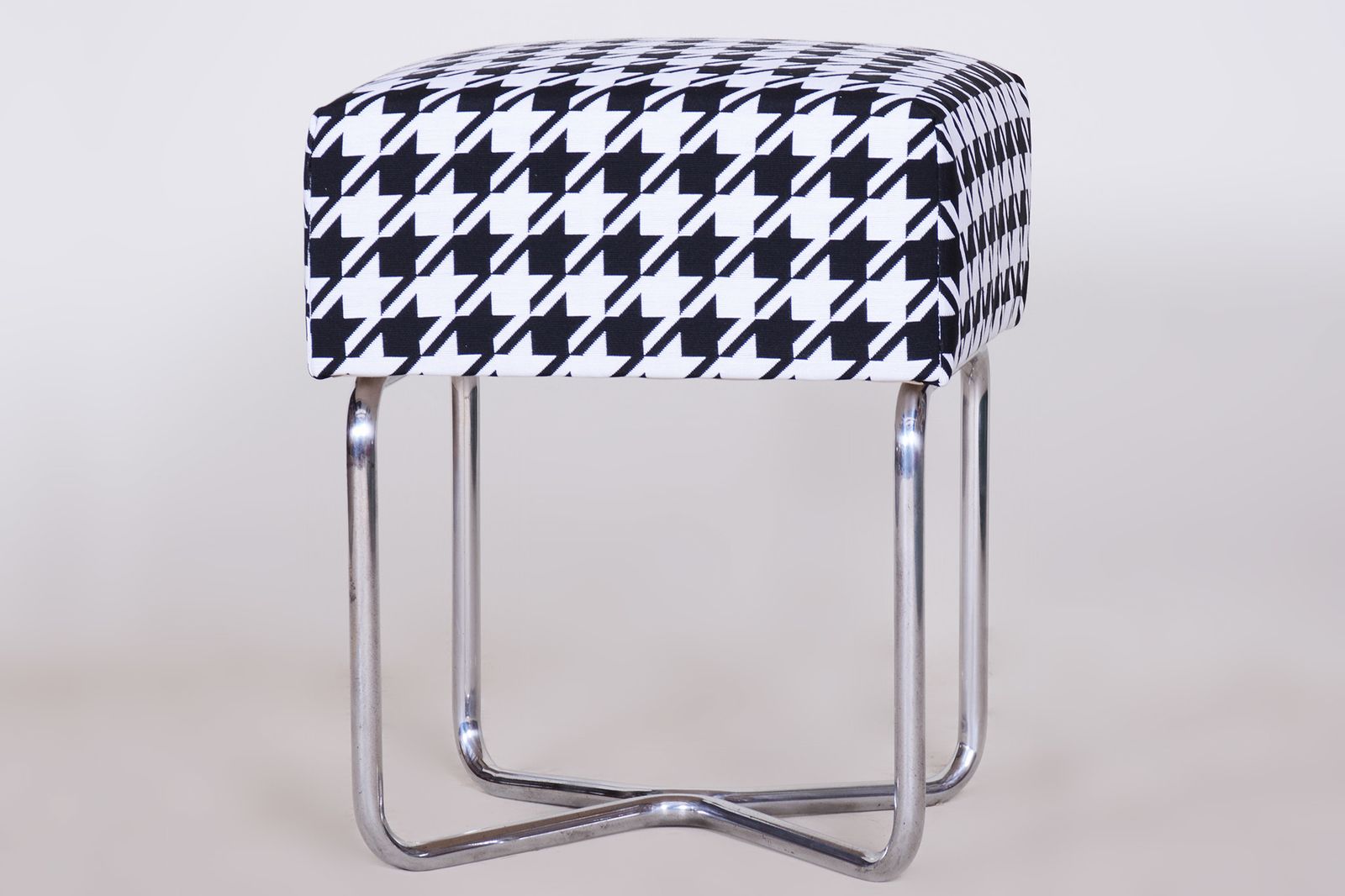 Small Chrome Black & White Stool By Sab, Made In The 1930s, New Upholstery photo Furniture