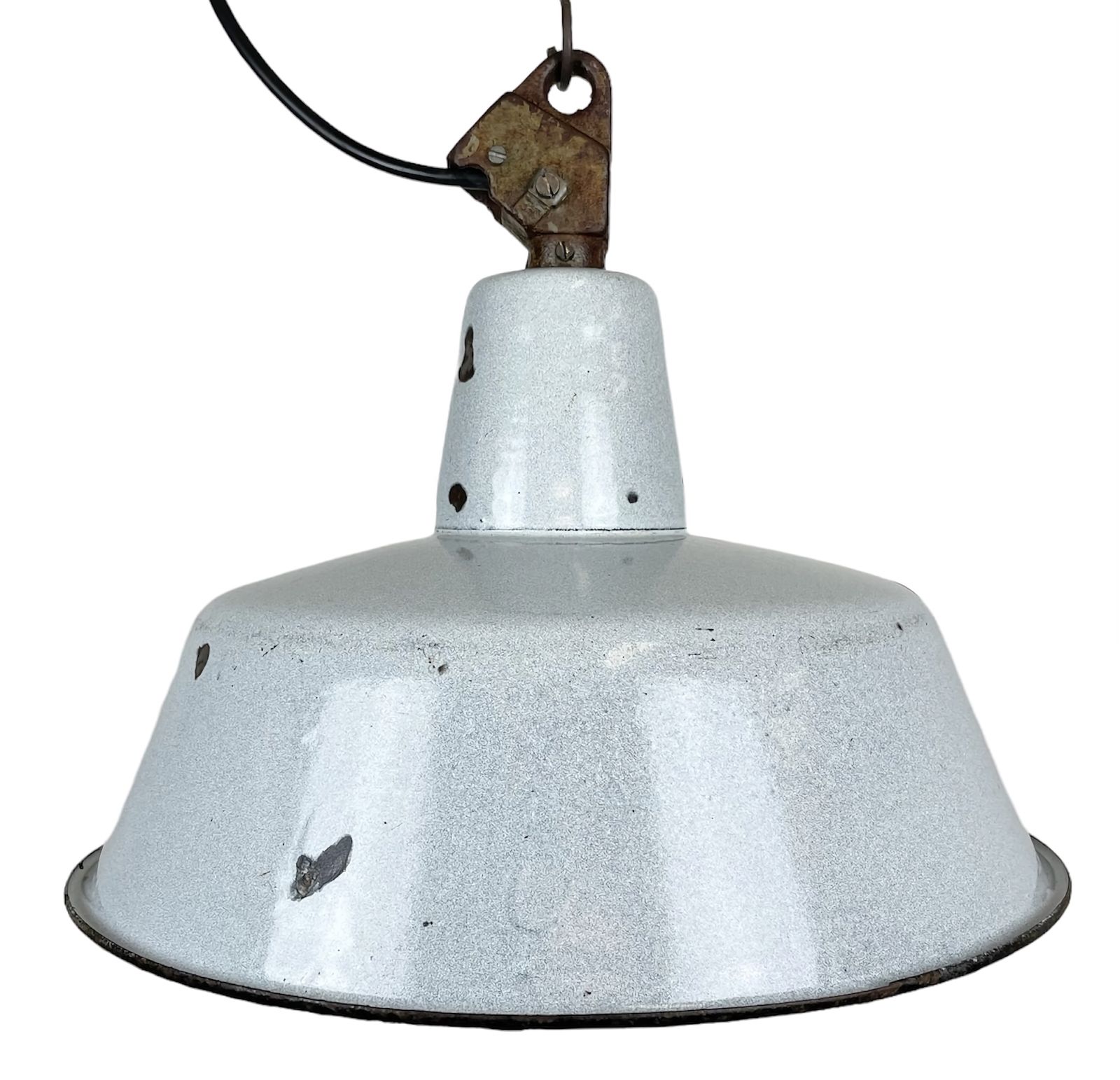 Industrial Grey Enamel Factory Lamp With Cast Iron Top, 1960s  2x