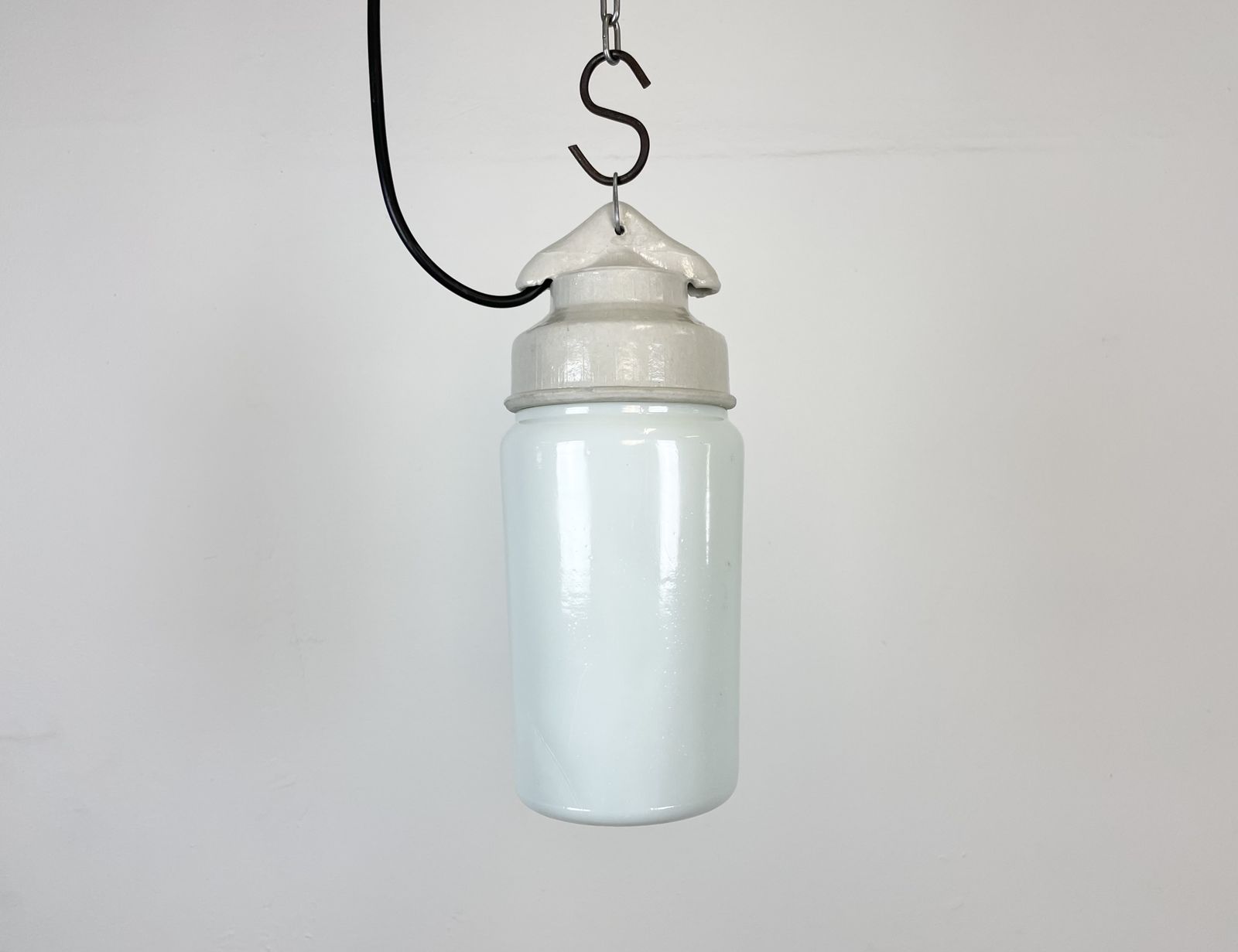Industrial White Porcelain Pendant Light With Milk Glass, 1970s, 4x photo buy