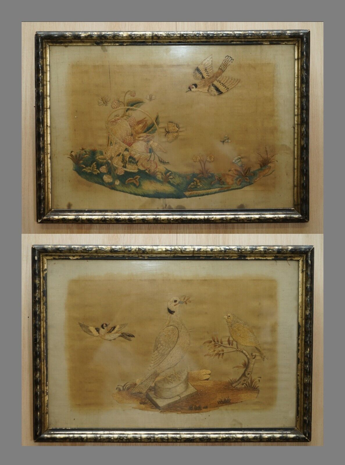 Pair Of 19th Century Silk Hand Woven Tapestries Pictures Depicting Birds Fruit