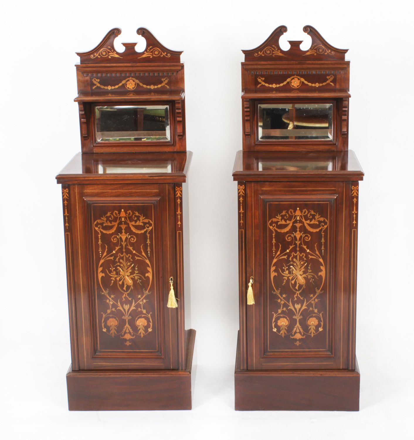 Pair Edwardian Mahogany Marquetry Bedside Chests 19th C