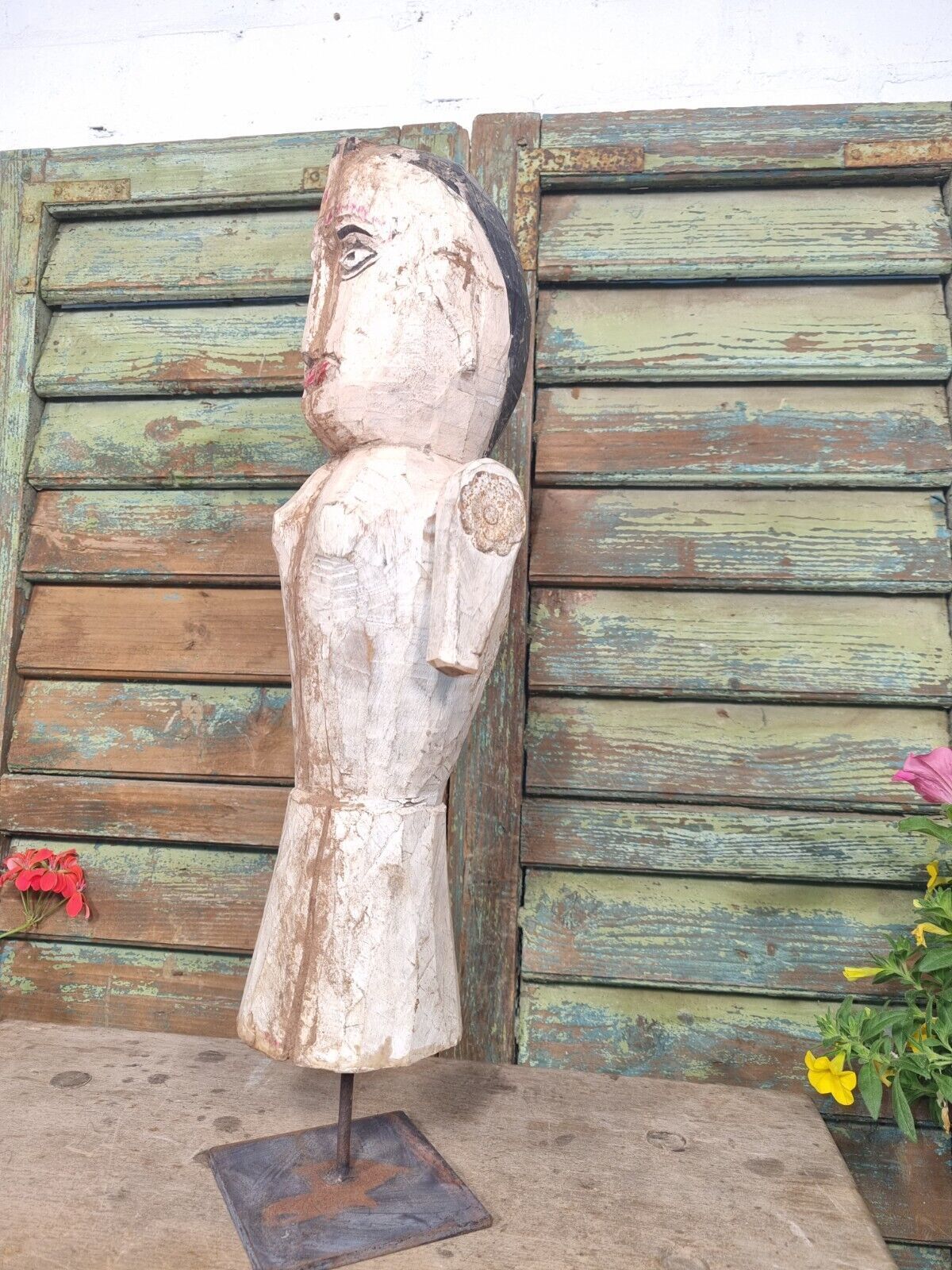 Antique Indian Hand Carved Wooden Painted Sculpture On Stand photo vintage