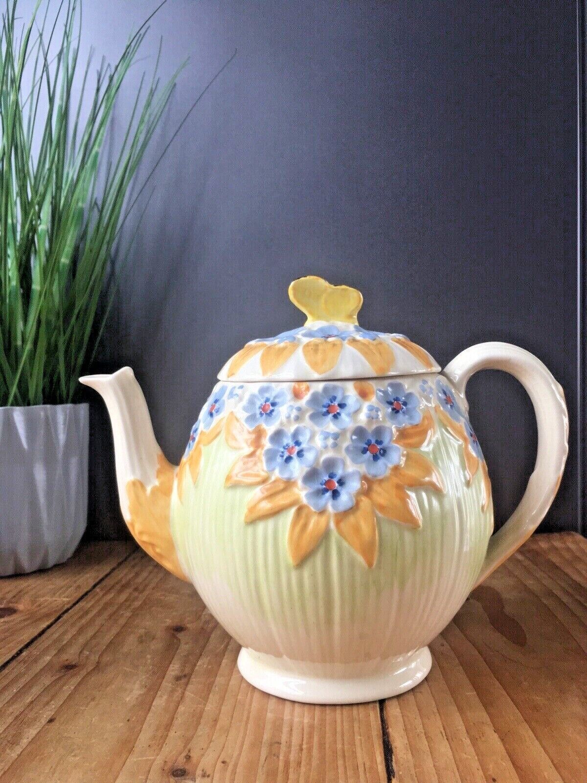 Art Deco Burleigh Ware Butterfly Floral Pattern Teapot & Trivet Stand Vintage photo furniture