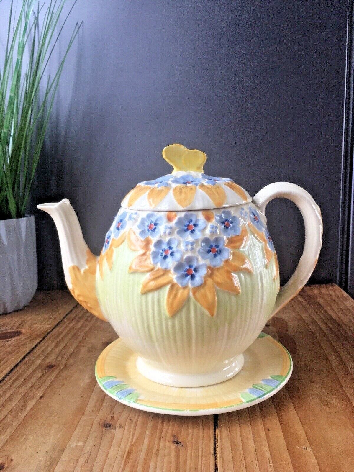 135.0 Art Deco Burleigh Ware Butterfly Floral Pattern Teapot & Trivet Stand Vintage photo