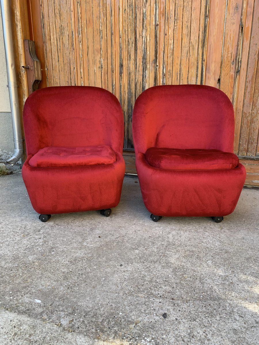 Mid Century Red Velvet Armchairs, 1960s, Set Of 2
