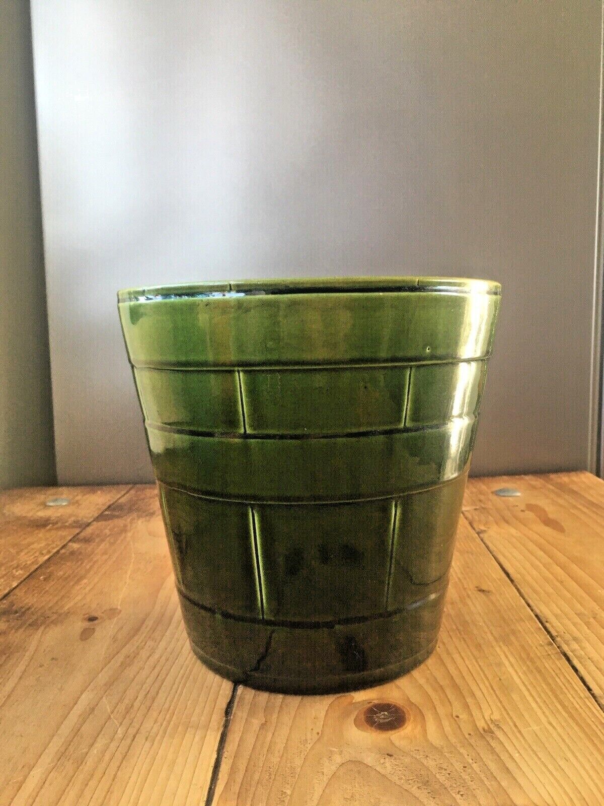 Antique Green Bretby Pottery Coopered Barrel Jardiniere Vase Plant Pot 2118 H photo buy
