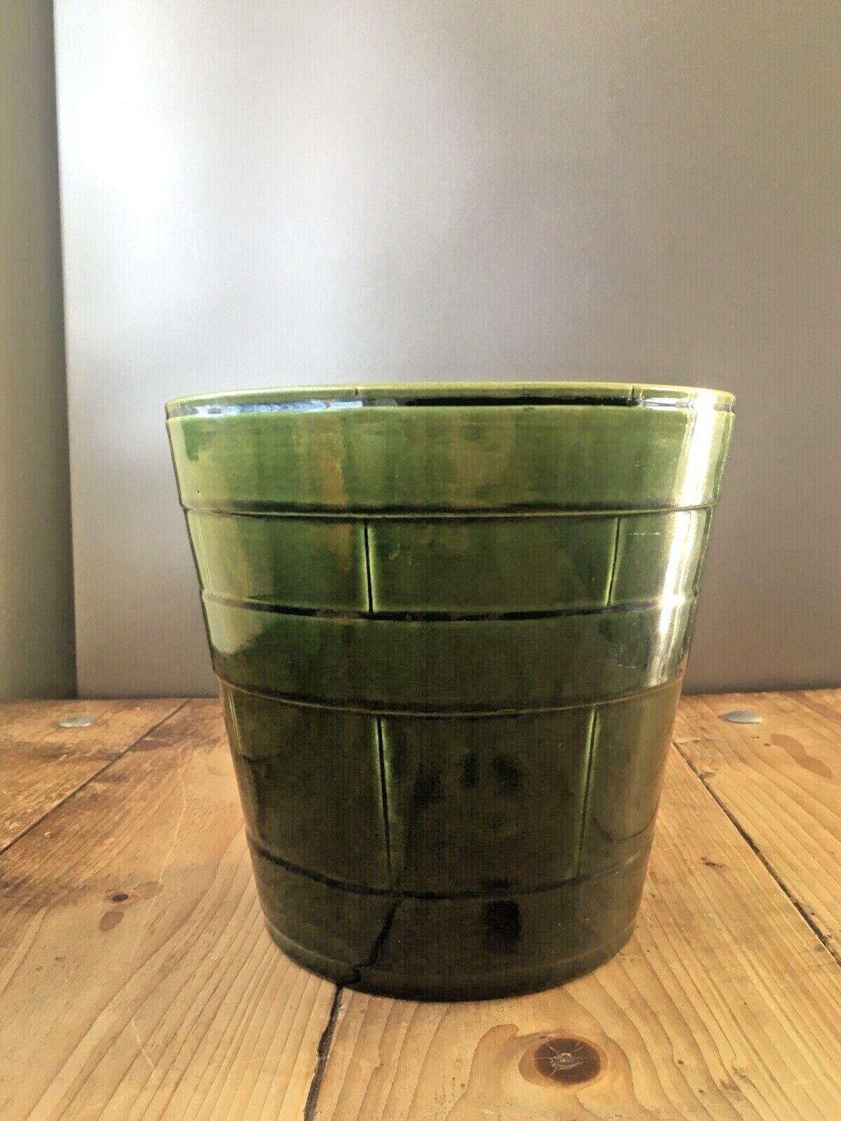 Antique Green Bretby Pottery Coopered Barrel Jardiniere Vase Plant Pot 2118 H photo vintage