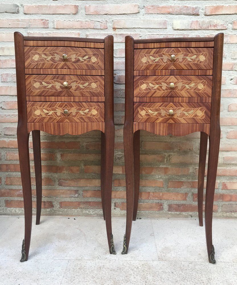 Early 20th Century French Bedside Tables In Marquetry & Bronze With Iron Details, Set Of 2 photo Furniture