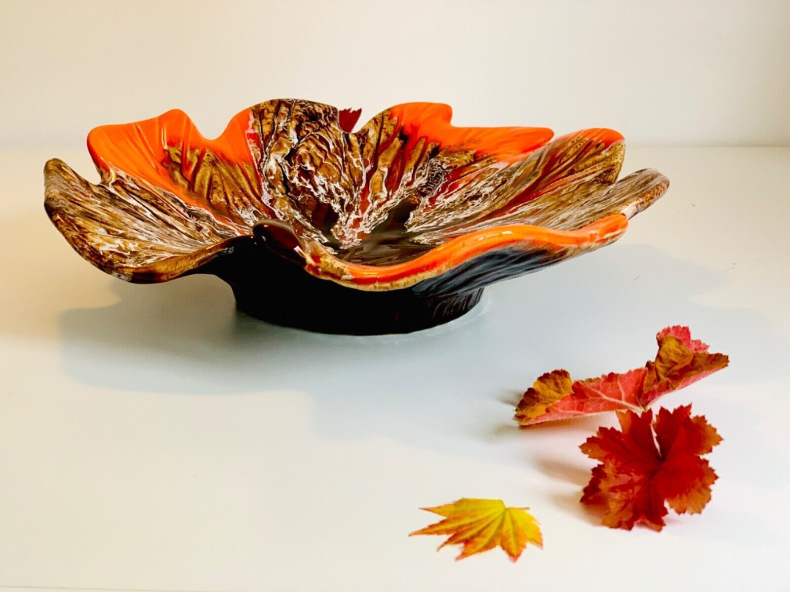 Vintage Vallauris Mid Century Red Brown Lava High Glazed Leaf Shaped Bowl French photo for sale