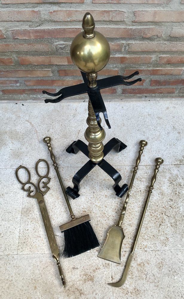 French Neoclassical Style Brass Fireplace Tools, 1970s, Set Of 5 photo 1730.0