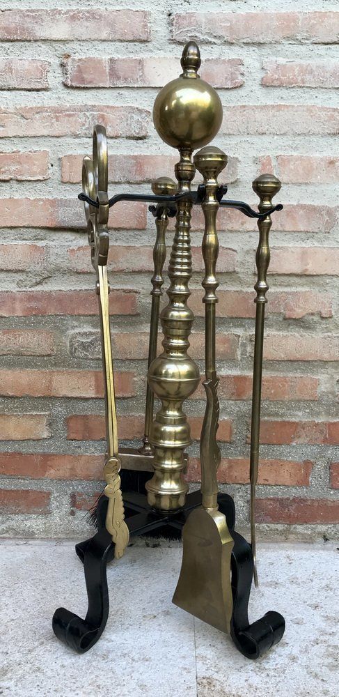 French Neoclassical Style Brass Fireplace Tools, 1970s, Set Of 5 photo vinterior