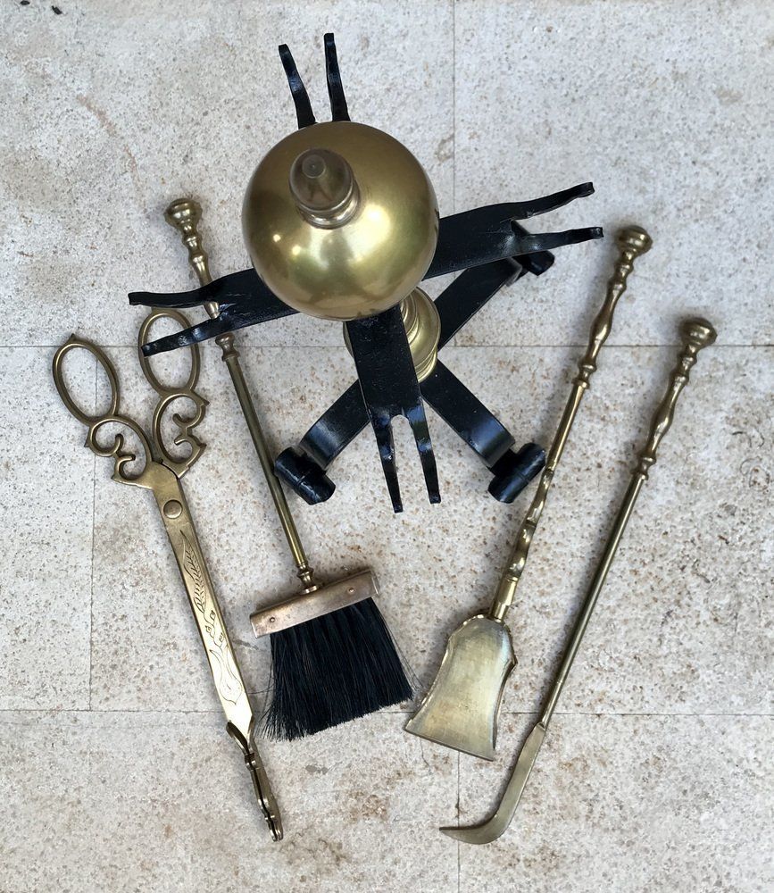 French Neoclassical Style Brass Fireplace Tools, 1970s, Set Of 5 photo buy