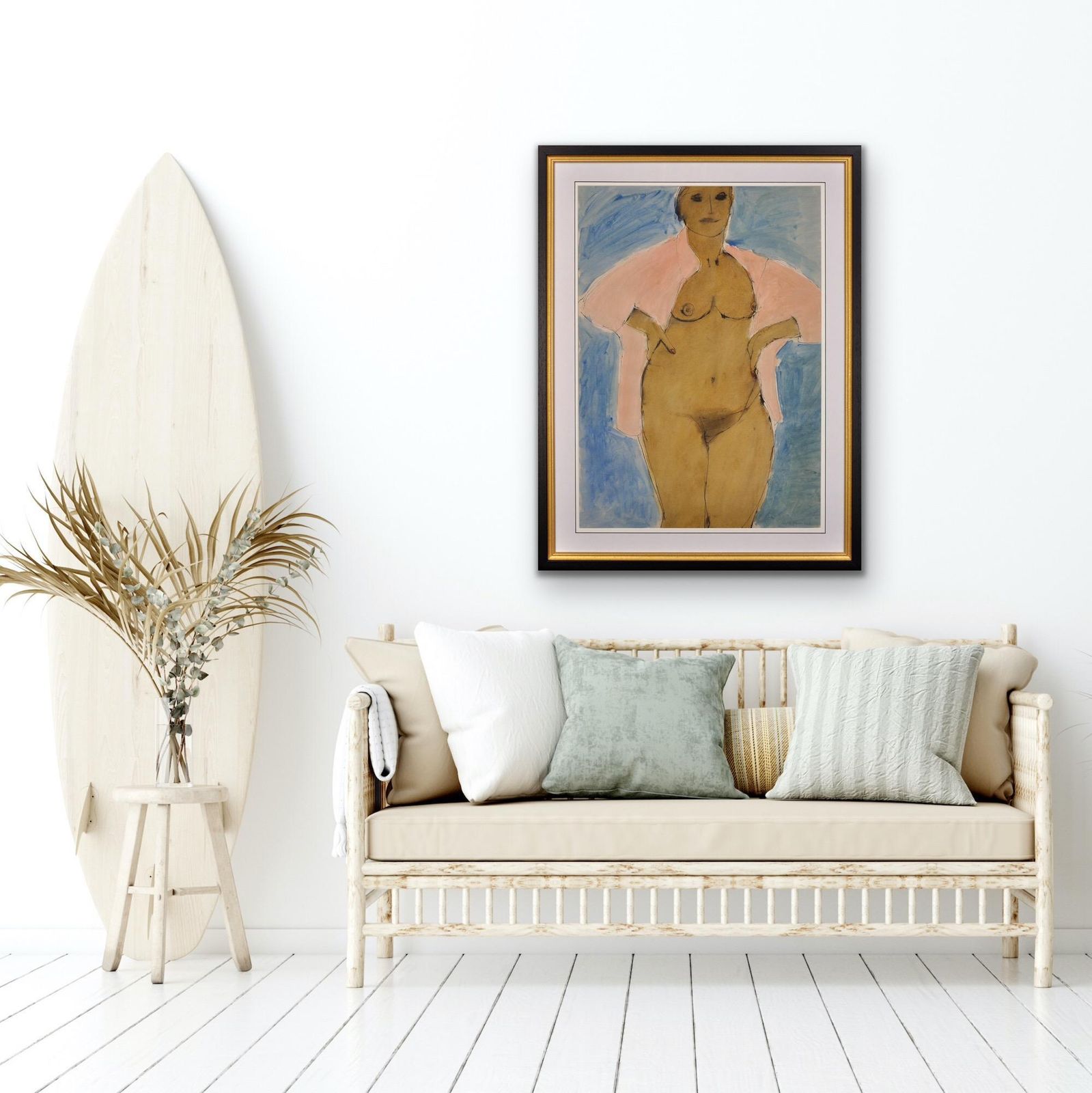 photo vinterior John Emanuel 1930 To 2024. I Can’t Stay Away From You. 1980s Female Nude. Framed Watercolour Painting. A Mature Lady Wearing An Open Pink Shirt.