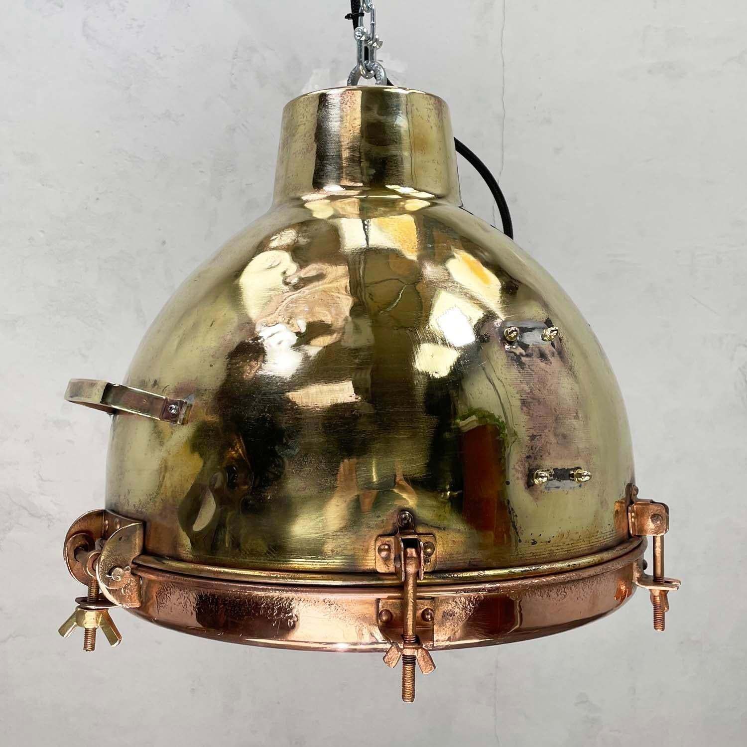 1960s Japanese Industrial Brass, Copper And Glass Dome Pendant Light photo furniture