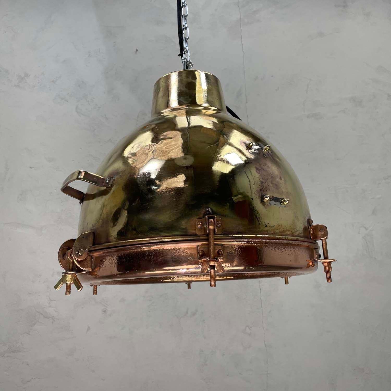 1960s Japanese Industrial Brass, Copper And Glass Dome Pendant Light photo for sale