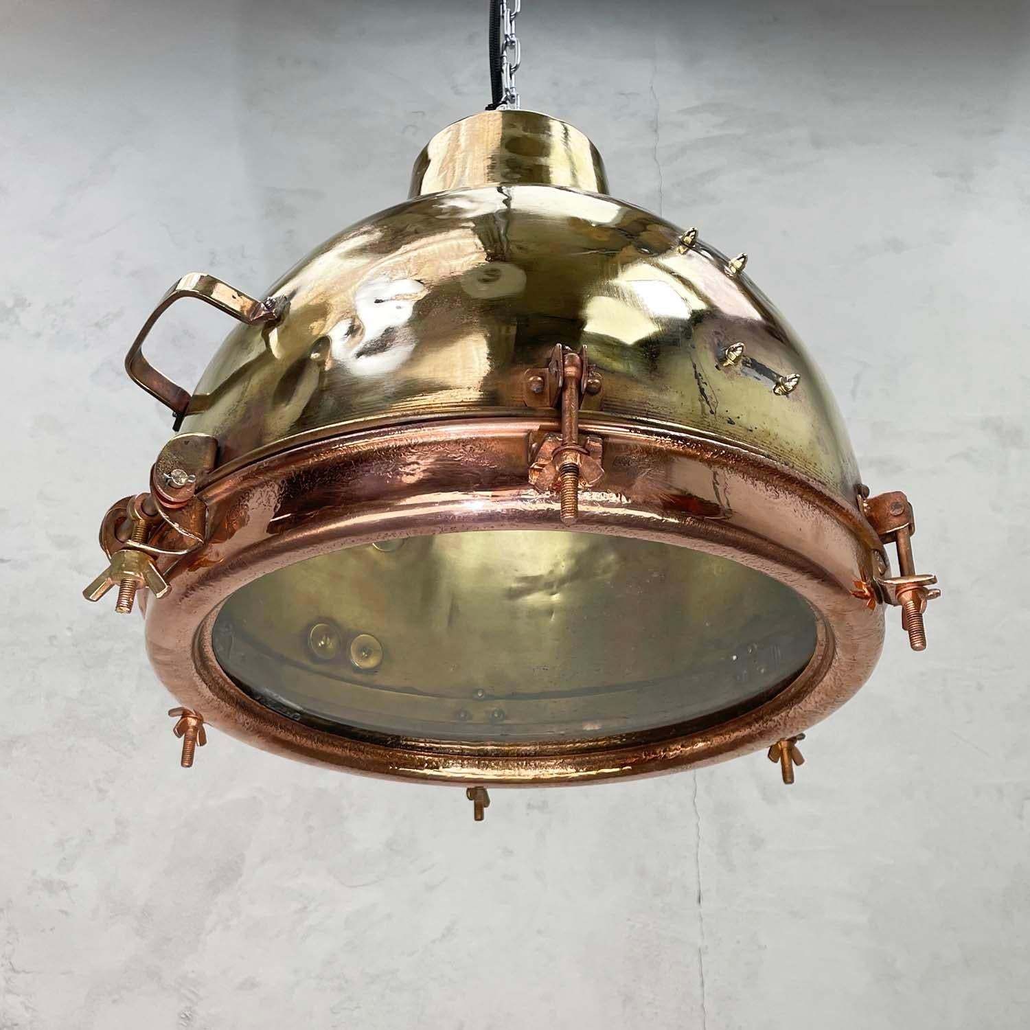 1960s Japanese Industrial Brass, Copper And Glass Dome Pendant Light photo Lighting