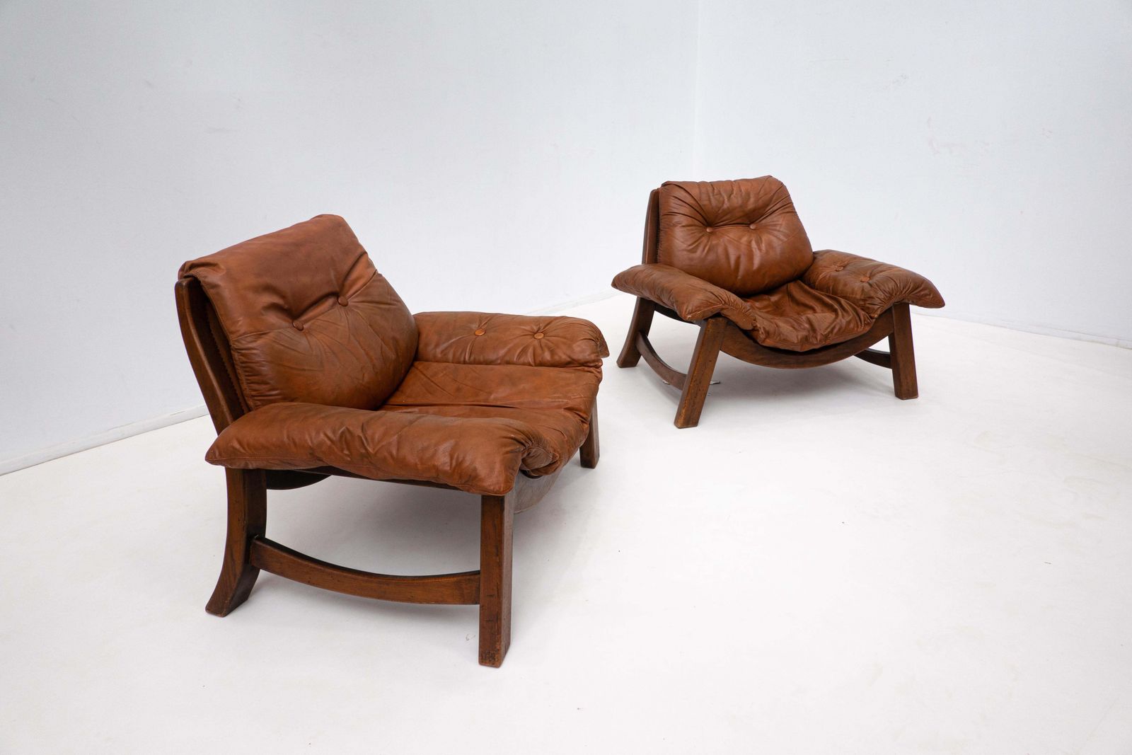 photo buy Mid Century Living Room Set, Original Cognac Leather, Brazilian Style, 1960s